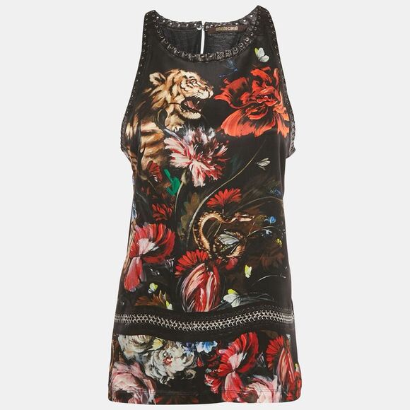 Roberto Cavalli Black Floral Print Silk Lace-Up Leather Tank Top M